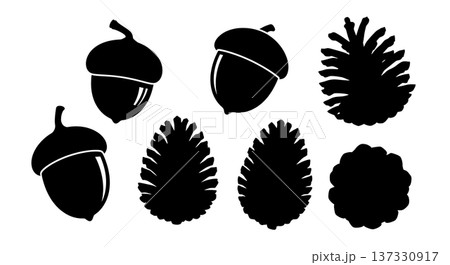 Black Solid Acorn and Pinecone Silhouettes Set of Six on White Background 137330917