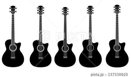 Black Solid Acoustic Bass Silhouettes Set of Six on White Background 137330920