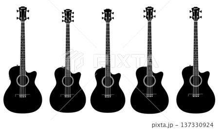 Black Solid Acoustic Bass Silhouettes Set of Six on White Background 137330924