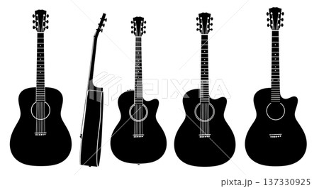 Black Solid Acoustic Guitar Silhouettes Set of Six on White Background Black Solid Acoustic Guitar Silhouettes Set of Six on White Background 137330925