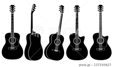 Black Solid Acoustic Guitar Silhouettes Set of Six on White Background Black Solid Acoustic Guitar Silhouettes Set of Six on White Background 137330927