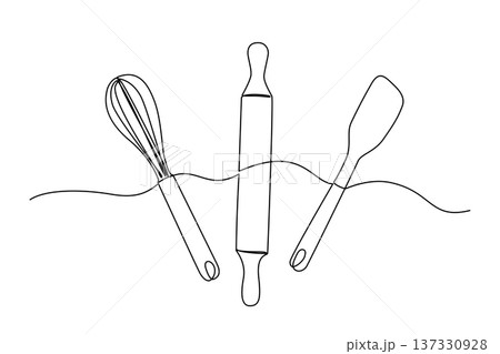 One line drawing of baking tools like rolling pin, whisk, and rubber spatula. 137330928