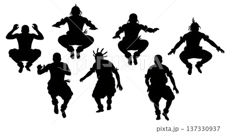 Black Solid African Adumu Dance Silhouettes Set of Six on White Background 137330937