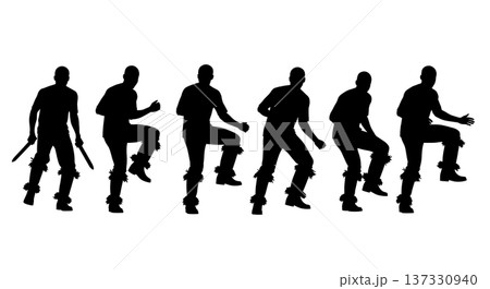 Black Solid African Gumboot Dance Silhouettes Set of Six on White Background 137330940
