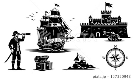 Black Solid Age of Discovery Harbor Silhouettes Set of Six on White Background 137330948