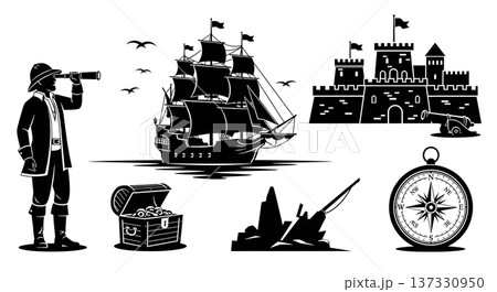Black Solid Age of Discovery Harbor Silhouettes Set of Six on White Background 137330950