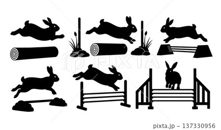 Black Solid Agility Bunny Silhouettes Set of Six on White Background 137330956