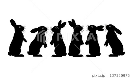 Black Solid Alert Standing Bunny Silhouettes Set of Six on White Background 137330976