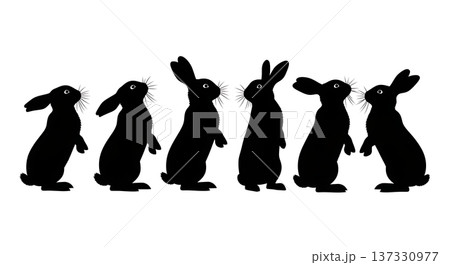 Black Solid Alert Standing Bunny Silhouettes Set of Six on White Background 137330977