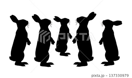Black Solid Alert Standing Bunny Silhouettes Set of Six on White Background 137330979