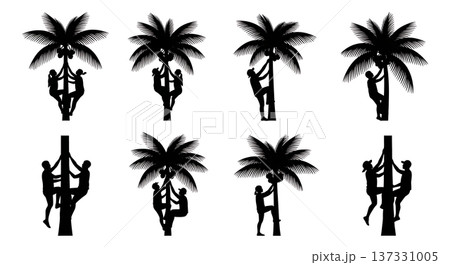 Black Solid Climbing Palm Harvest Silhouettes Set of Six on White Background Black Solid Climbing Palm Harvest Silhouettes Set of Six on White Background 137331005