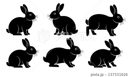 Black Solid Alert Bunny Silhouettes Set of Six on White Background 137331026