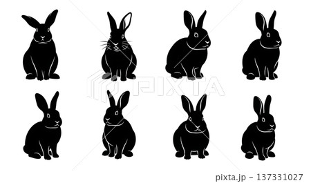 Black Solid Alert Bunny Silhouettes Set of Six on White Background 137331027