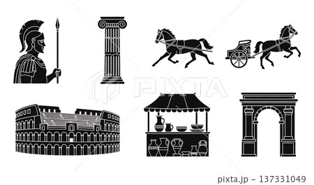 Black Solid Ancient Roman City Silhouettes Set of Six on White Background Black Solid Ancient Roman City Silhouettes Set of Six on White Background 137331049