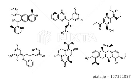 Black Solid Antibiotic Molecular Silhouettes Set of Six on White Background 137331057