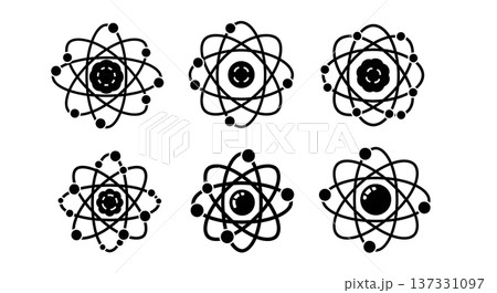 Black Solid Atom Model Silhouettes Set of Six on White Background Black Solid Atom Model Silhouettes Set of Six on White Background 137331097