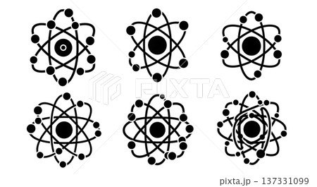 Black Solid Atom Model Silhouettes Set of Six on White Background 137331099