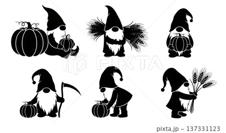 Black Solid Autumn Harvest Gnome Silhouettes Set of Six on White Background Black Solid Autumn Harvest Gnome Silhouettes Set of Six on White Background 137331123