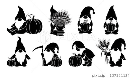 Black Solid Autumn Harvest Gnome Silhouettes Set of Six on White Background 137331124