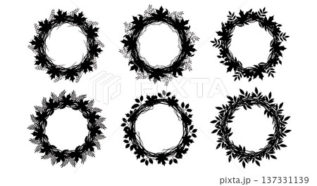 Black Solid Autumn Wreath Silhouettes Set of Six on White Background Black Solid Autumn Wreath Silhouettes Set of Six on White Background 137331139