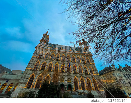 Historical european cityscape in Leuven, Belgium with flags and banners Historical european cityscape in Leuven, Belgium with flags and banners 137331144