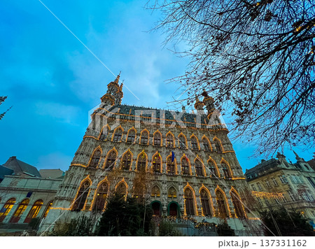 Historical european cityscape in Leuven, Belgium with flags and banners 137331162