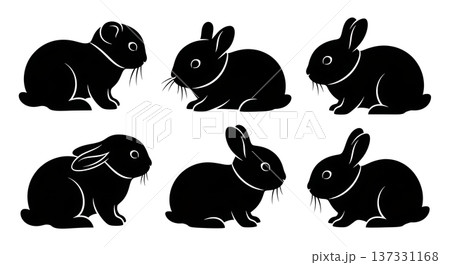 Black Solid Baby Bunny Silhouettes Set of Six on White Background 137331168