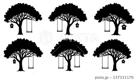 Black Solid Backyard Oak Tree Silhouettes Set of Six 137331170