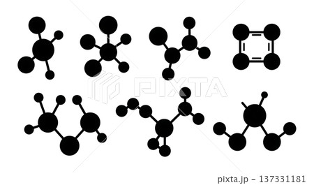 Black Solid Ball and Stick Molecular Silhouettes Set of Six on White Background 137331181
