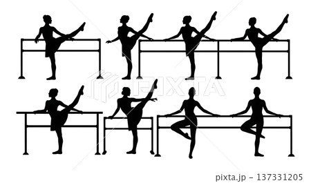 Black Solid Ballet Barre Warm-Up Silhouettes Set of Six on White Background Black Solid Ballet Barre Warm-Up Silhouettes Set of Six on White Background 137331205