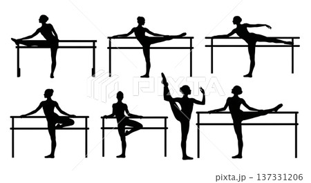 Black Solid Ballet Barre Warm-Up Silhouettes Set of Six on White Background 137331206