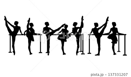 Black Solid Ballet Barre Warm-Up Silhouettes Set of Six on White Background 137331207