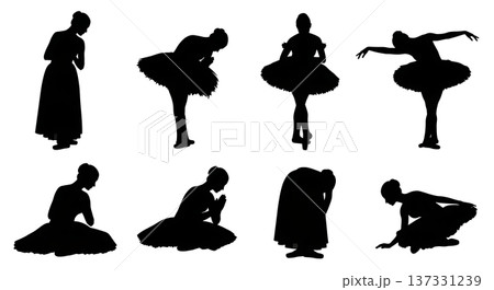 Black Solid Ballet Curtsy Silhouettes Set of Six on White Background Black Solid Ballet Curtsy Silhouettes Set of Six on White Background 137331239