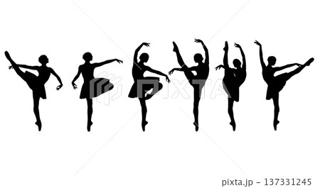 Black Solid Ballet Developpe Silhouettes Set of Six on White Background 137331245