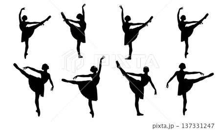 Black Solid Ballet Developpe Silhouettes Set of Six on White Background 137331247
