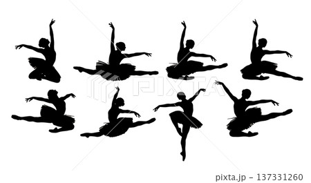 Black Solid Ballet Grand Jete Silhouettes Set of Six on White Background Black Solid Ballet Grand Jete Silhouettes Set of Six on White Background 137331260