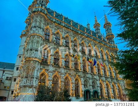 Historical european cityscape in Leuven, Belgium with flags and banners 137331281