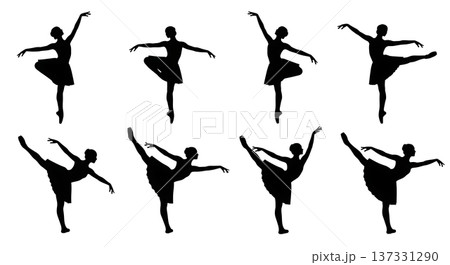 Black Solid Ballet Passe Attitude Silhouettes Set of Six on White Background 137331290