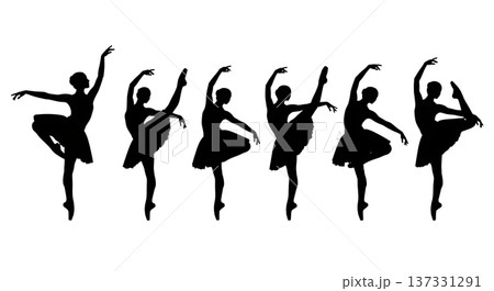 Black Solid Ballet Passe Attitude Silhouettes Set of Six on White Background 137331291