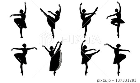 Black Solid Ballet Passe Balance Silhouettes Set of Six on White Background 137331293