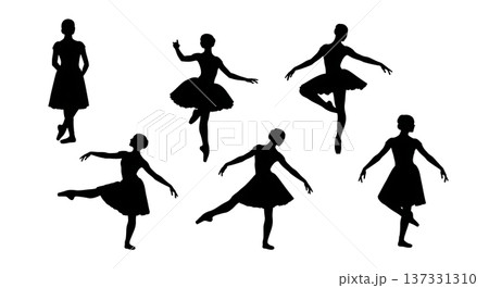 Black Solid Ballet Petite Allegro Jete Silhouettes Set of Six on White Background 137331310