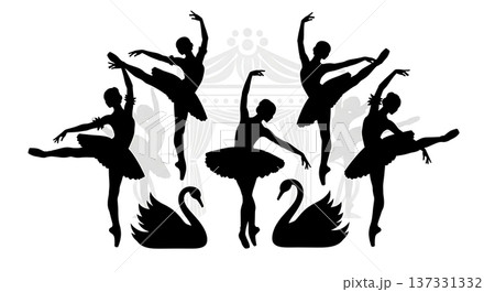 Black Solid Swan Lake Ballet Silhouettes Set of Six on White Background Black Solid Swan Lake Ballet Silhouettes Set of Six on White Background 137331332