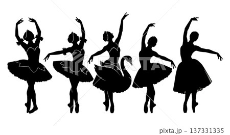Black Solid Swan Lake Ballet Silhouettes Set of Six on White Background 137331335