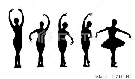 Black Solid Ballet Torso Rotation Silhouettes Set of Six on White Background 137331340