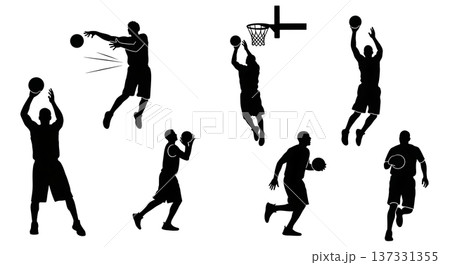 Black Solid Basketball Alley-Oop Silhouettes Set of Six on White Background Black Solid Basketball Alley-Oop Silhouettes Set of Six on White Background 137331355