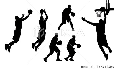 Black Solid Basketball Baseline Reverse Silhouettes Set of Six on White Background Black Solid Basketball Baseline Reverse Silhouettes Set of Six on White Background 137331365