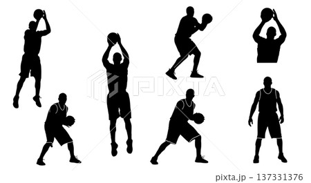 Black Solid Basketball Box Out Silhouettes Set of Six on White Background 137331376