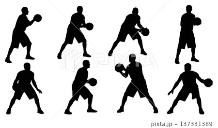 Black Solid Basketball Screen Out Silhouettes Set of Six on White Background 137331389