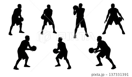 Black Solid Basketball Screen Out Silhouettes Set of Six on White Background 137331391