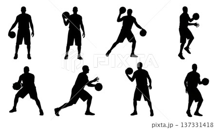Black Solid Basketball Euro Step Silhouettes Set of Six on White Background 137331418